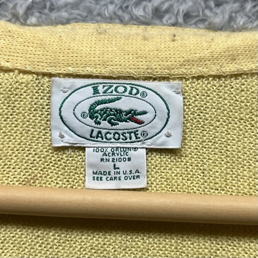 Vintage Izod Lacoste Cardigan Sweater Mens Large Yellow Grandpa Preppy‎ USA Croc